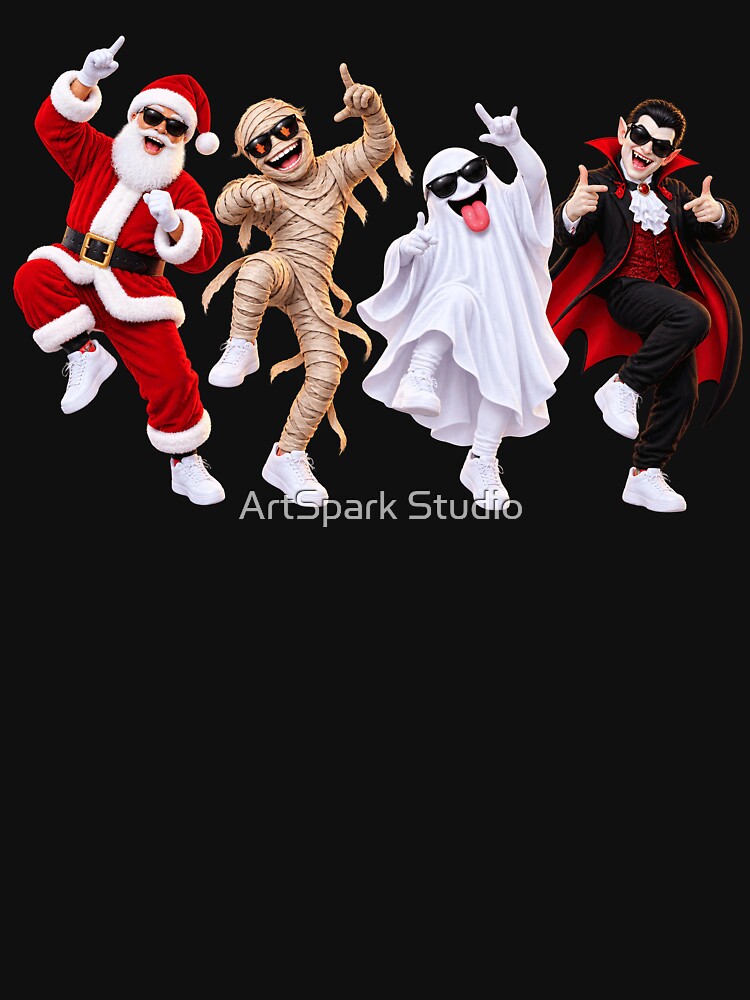 Funny Spooky Christmas Party Santa Mummy Ghost Vampire Dancing Design by ArtSpark Studio