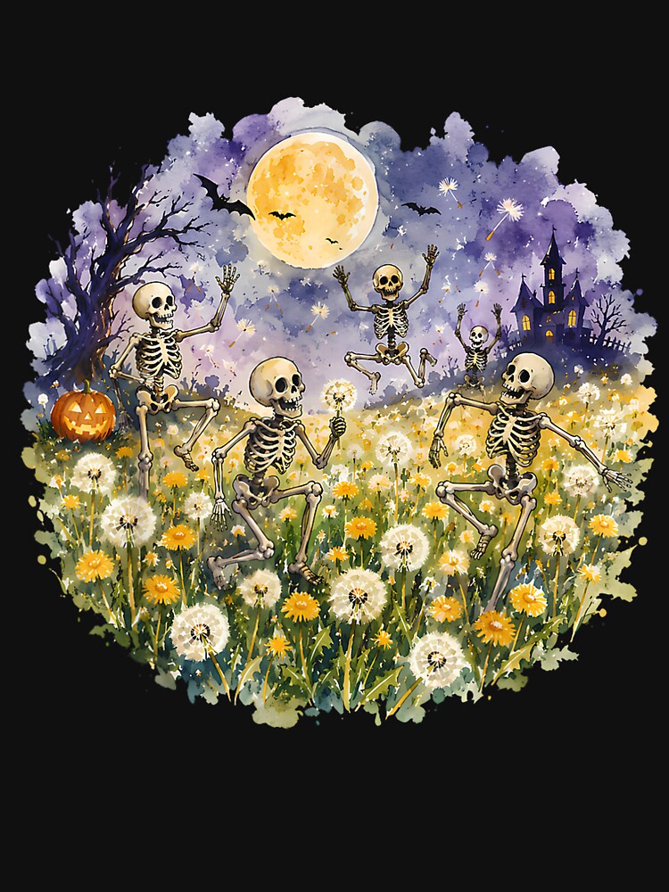 Dancing Skeleton Halloween Watercolor Dandelion Moon Gothic Graphic by kiralynstration