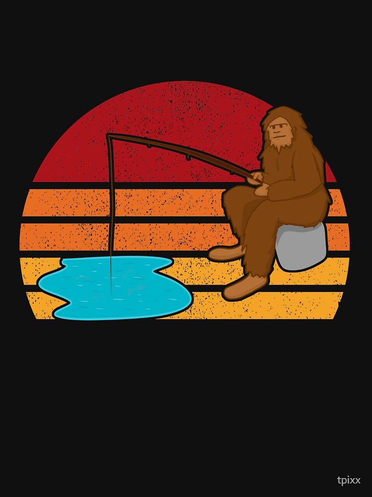 Bigfoot Fishing Distressed Retro Sunset by tpixx