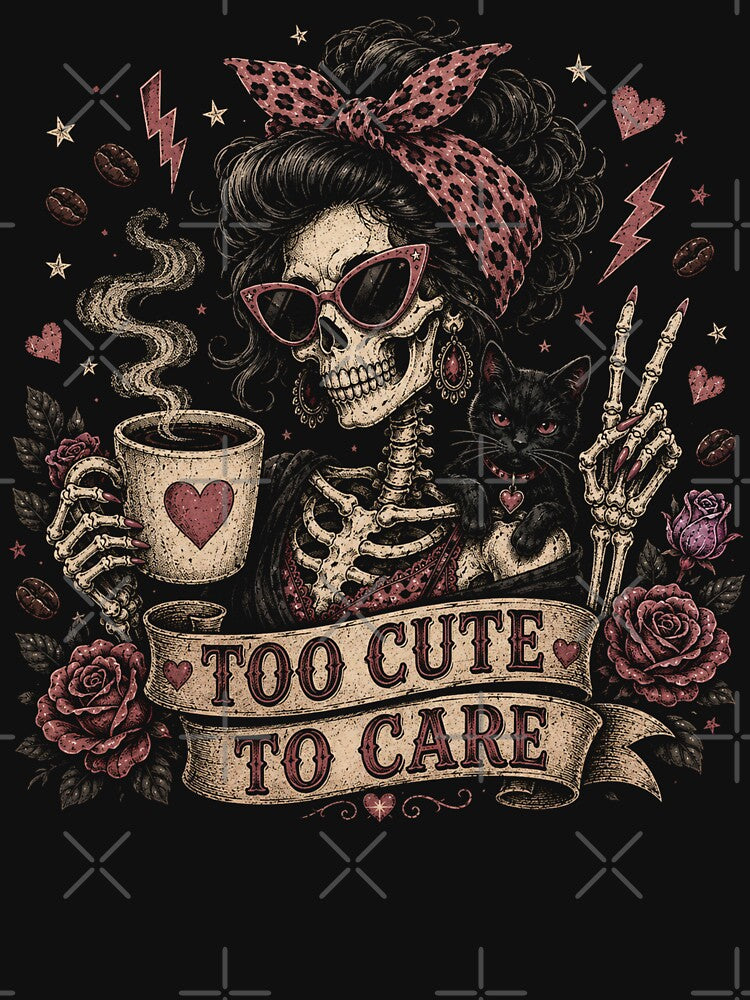 Too Cute to Care Funny Skeleton Messy Bun Graphic by will freed18