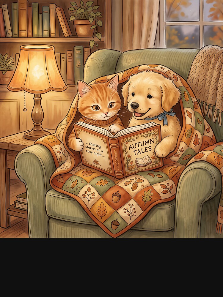 Cozy Autumn Reading – Cute Dog and Cat Fall Storytime Illustration by Furfolkz