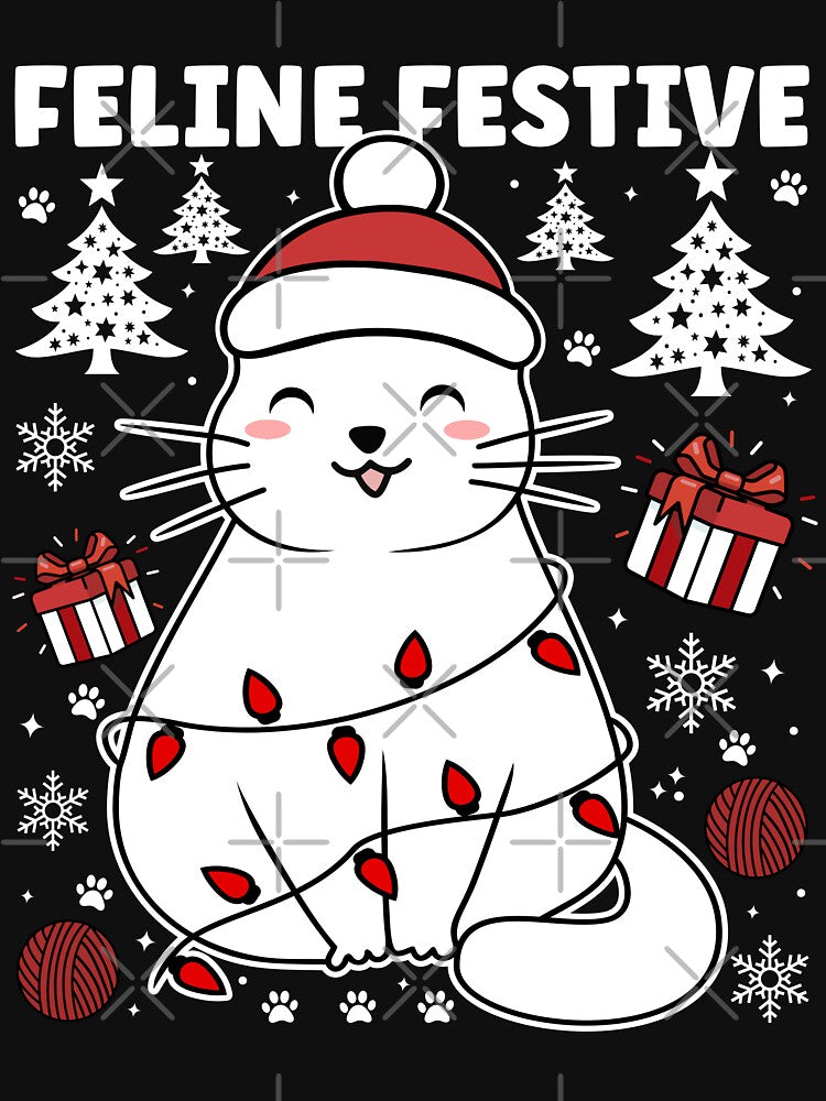 Feline Festive Happy Cat | Cute and Festive Christmas Cat Wearing Christmas Lights - Black by PearlMoonGrapes