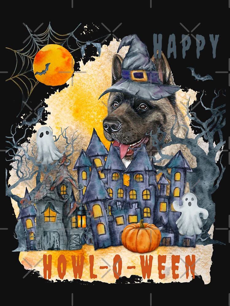 American Akita Happy Howl-o-ween Ghost Houses Funny Watercolor by Cuddlythopia