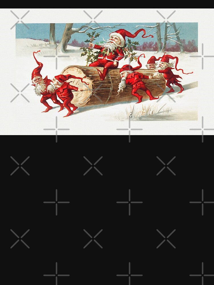 Santa elves sliding on a log. Vintage old fashioned Christmas image by IMPHives