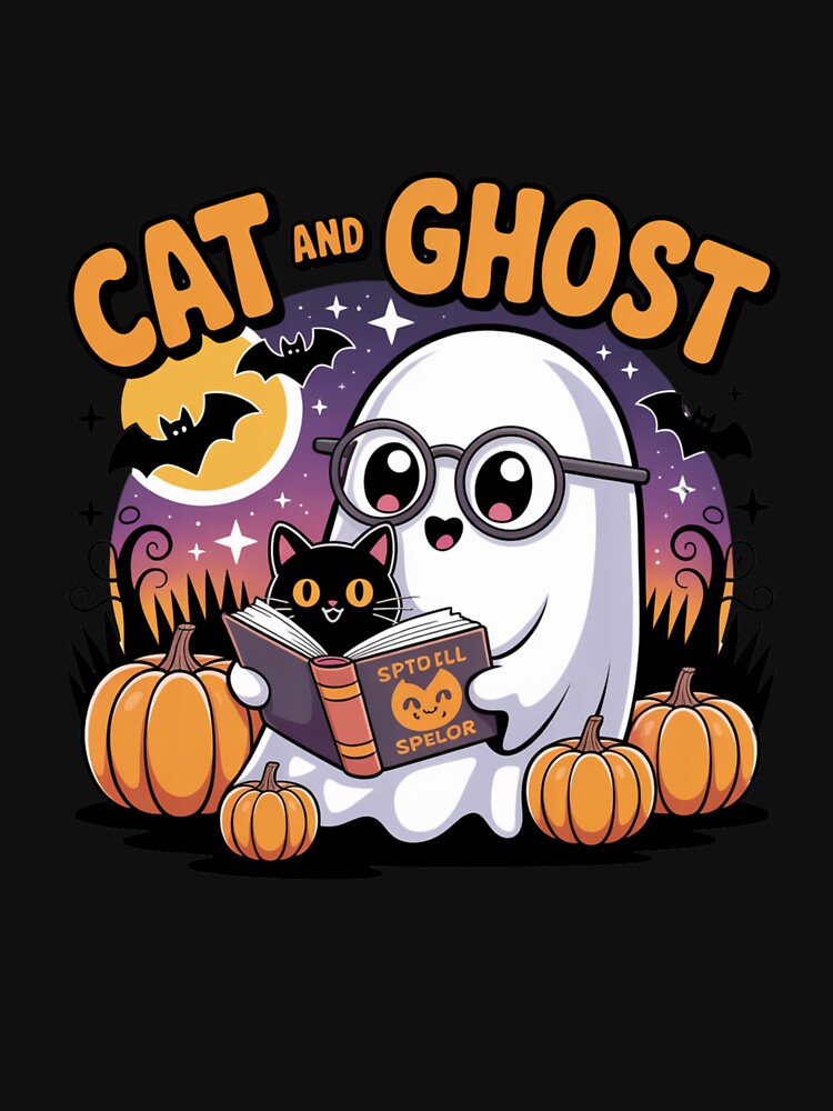 Cat and Ghost Book Club | Cute Halloween Kawaii Ghost and Cat Design by ColorSplash123