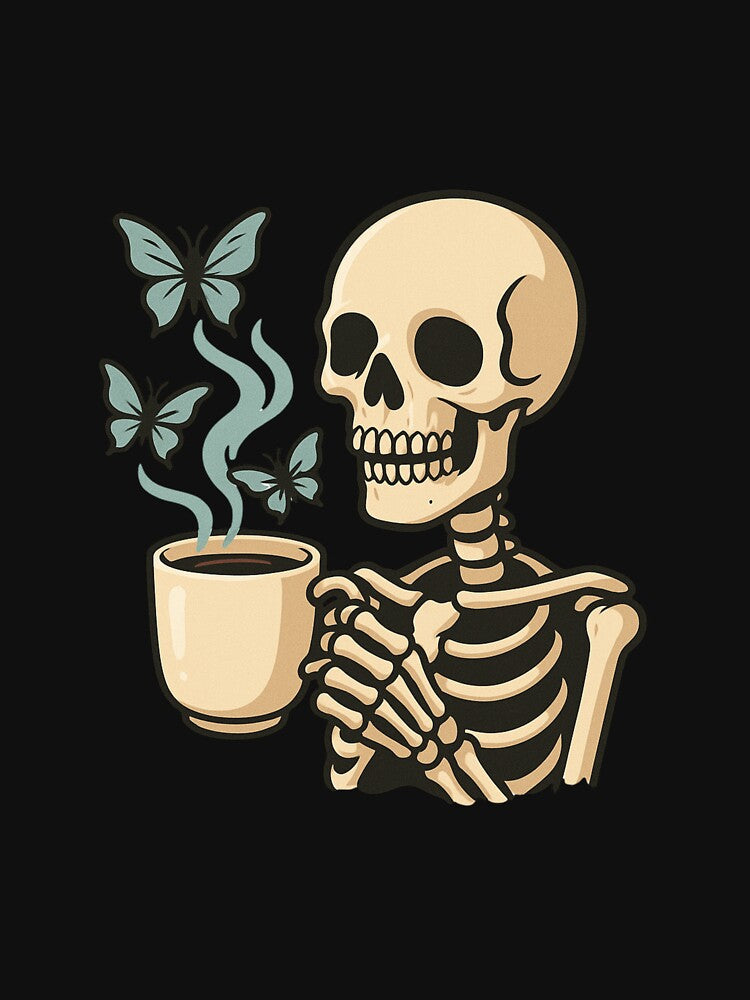 Skeleton Holding Coffee Cup with Ghostly Butterfly Steam – Spooky Cozy Aesthetic by ColorSplash123