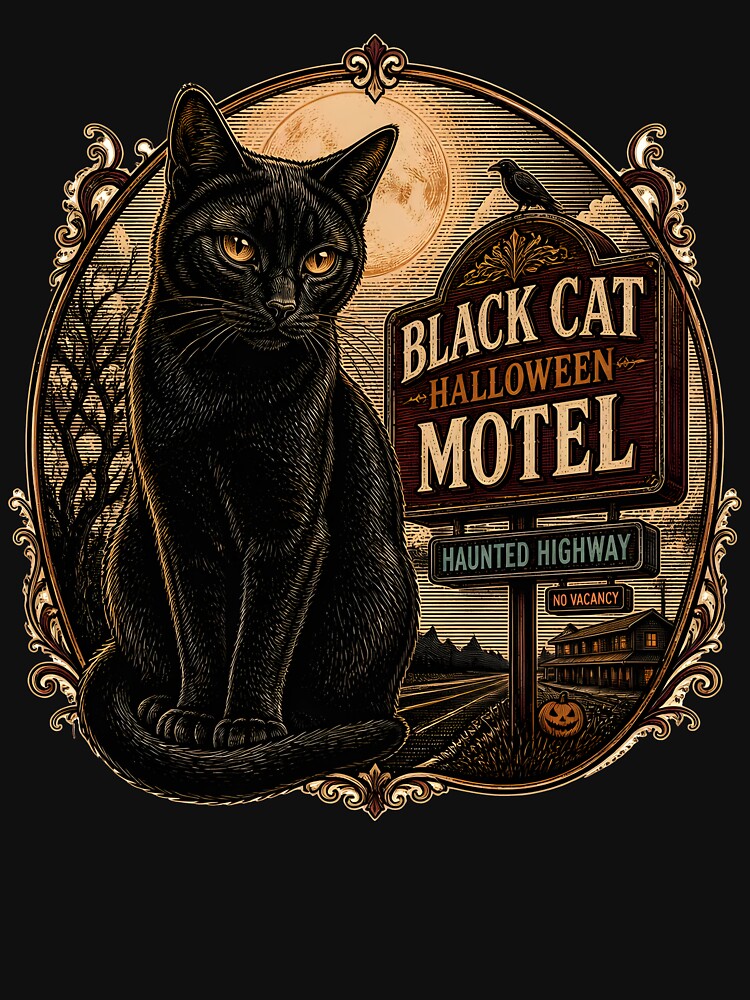 BLACK CAT HALLOWEEN MOTEL Haunted Highway Halloween Gothic Engraving by KristenosNehk