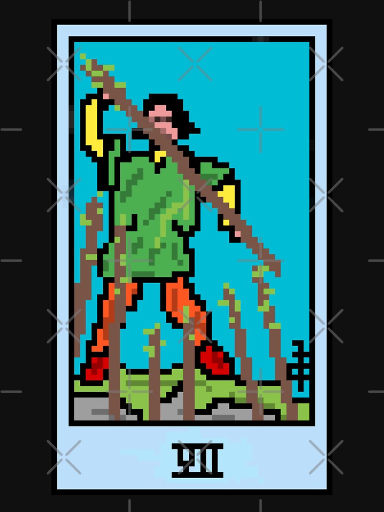 Wait, is this pixel art tarot? Black - Minor Arcana 'Seven of Wands' (Design for T-shirt, stickers and other accessories) by Pixel Waite