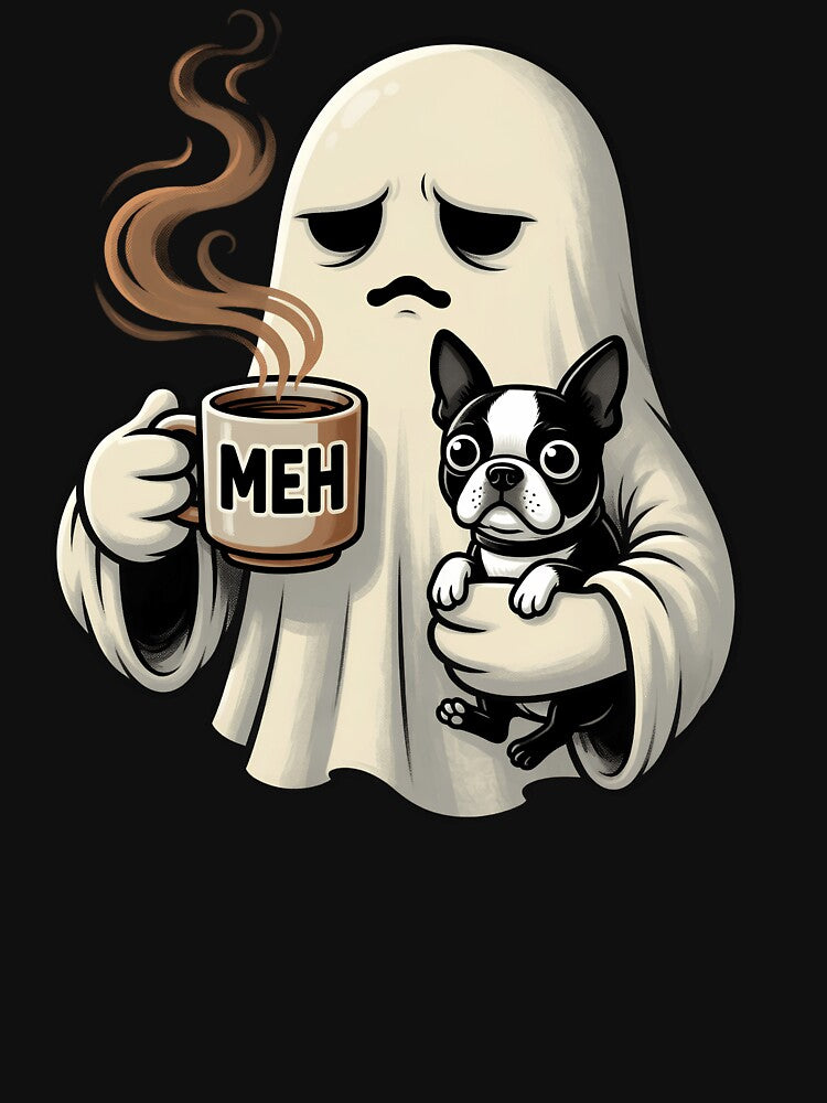Spooky Ghost Drinking Coffee with Boston Terrier Funny by Zizo-DR44