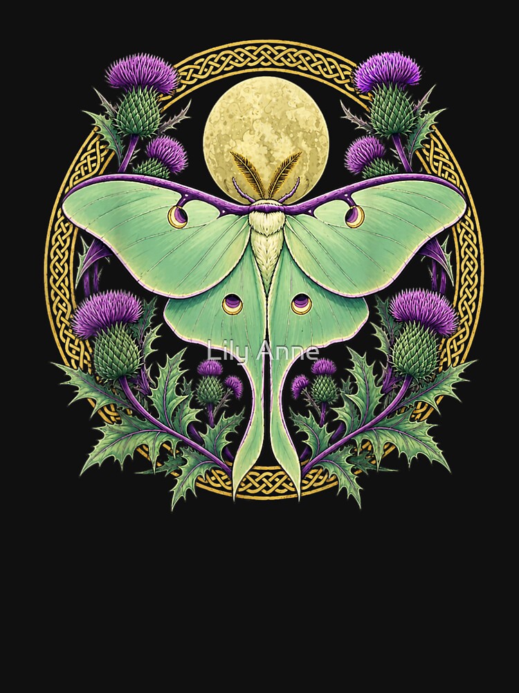 Celestial Green Luna Moth With Scottish Thistle Flowers And Celtic Moon Circle by StanaLuis