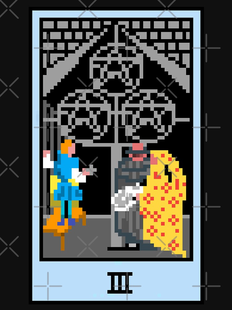 Wait, is this pixel art tarot? Black - Minor Arcana 'Three of Pentacles' (Design for T-shirt, stickers and other accessories) by Pixel Waite