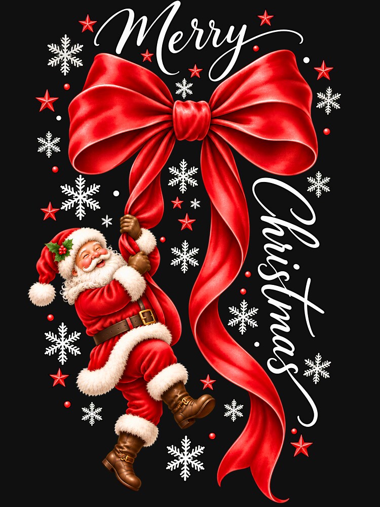 Merry Christmas Santa Claus Swinging Giant Red Bow Holiday Graphic by DYAFLK