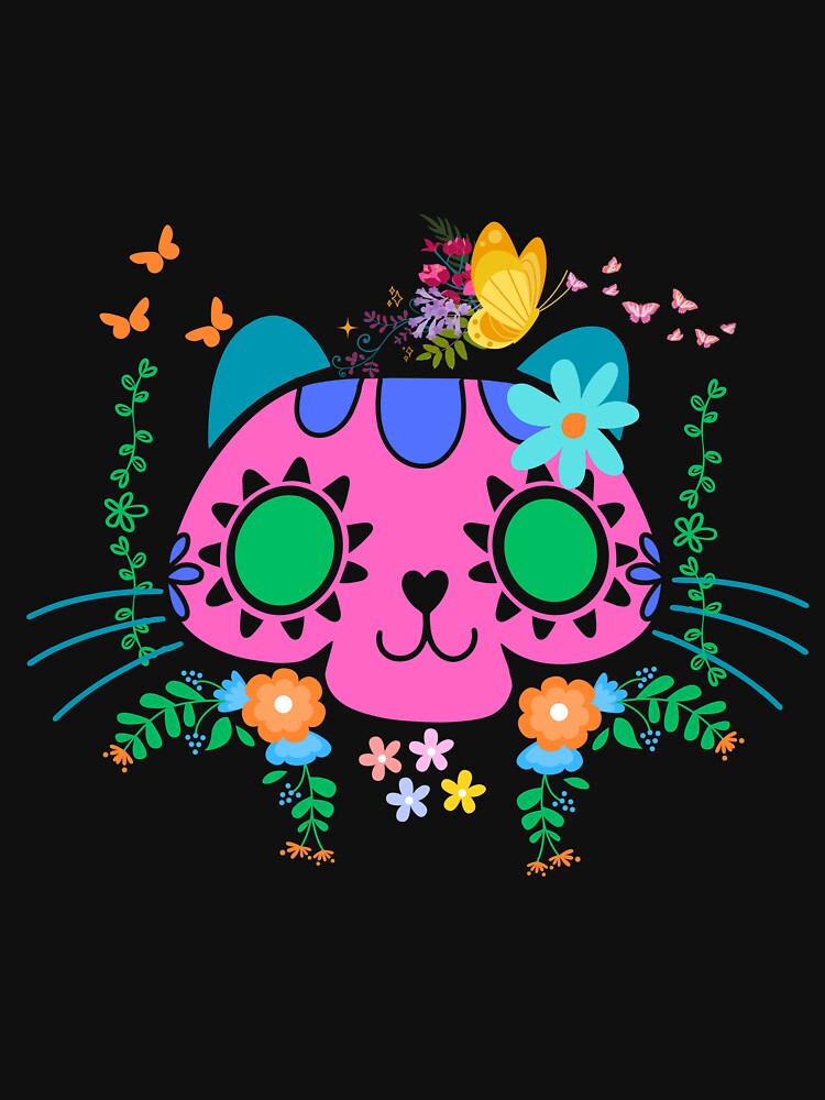 Colorful Floral Sugar Skull Cat with Butterflies by WhimsyWolfDsgns