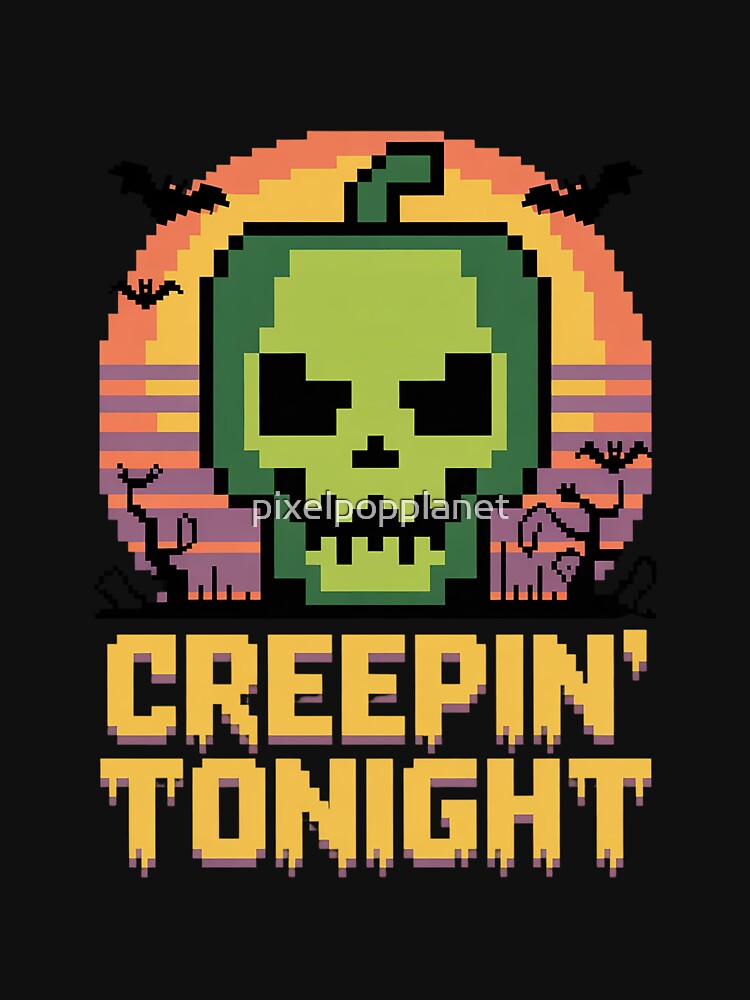 Creepin' Tonight Pixel Skull Pumpkin | Halloween Sunset Vaporwave Design by pixelpopplanet
