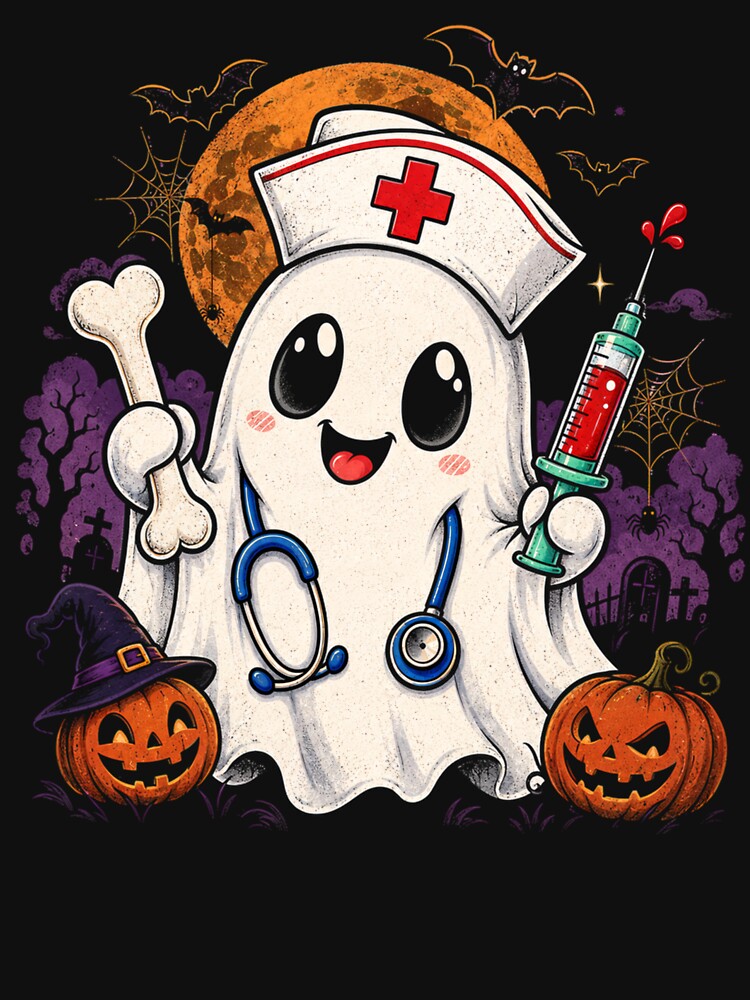 Cute Ghost Nurse Halloween Shirt Spooky Pumpkin Bats Moon by Artbyrome