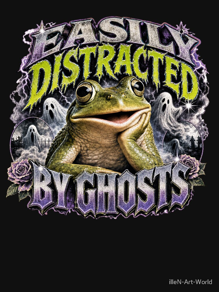 Easily Distracted By Ghosts Frog T-Shirt | Funny Halloween Toad Spooky Purple Roses Realistic Graphic Art Gift by illeN-Art-World
