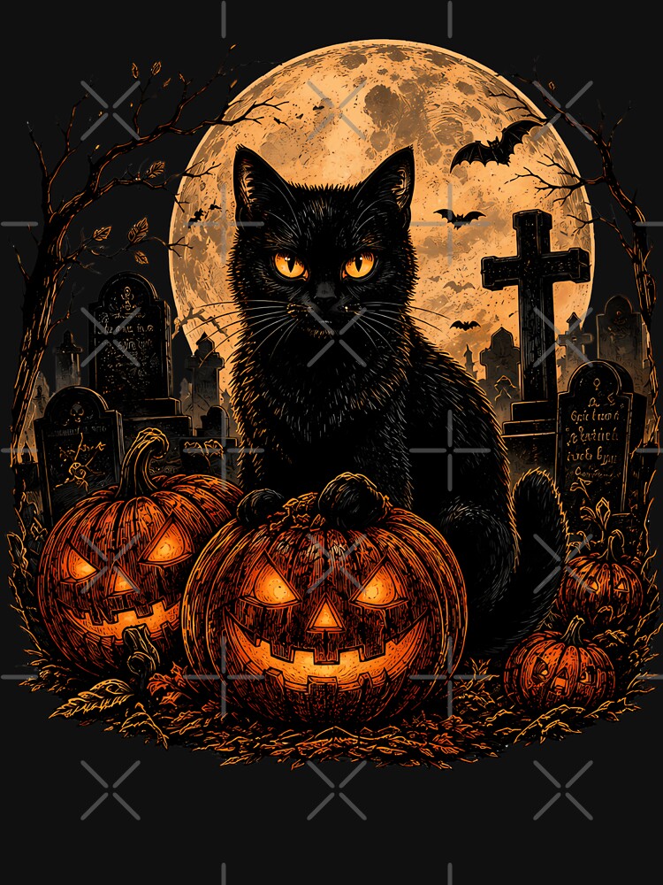 Black Cat Pumpkin Halloween Vintage Gothic Graveyard Moon Design by JessArty ⭐⭐⭐⭐⭐
