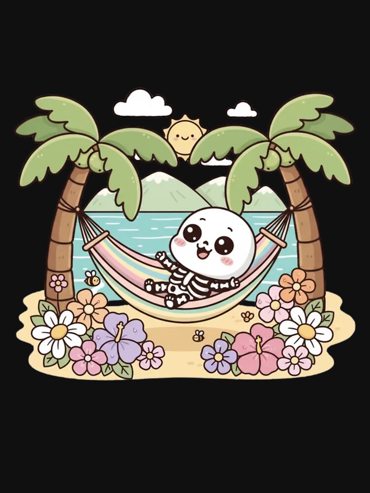 Cute Skeleton Chilling in Hammock with Flowers – Kawaii Summer Cartoon Design by ColorSplash123