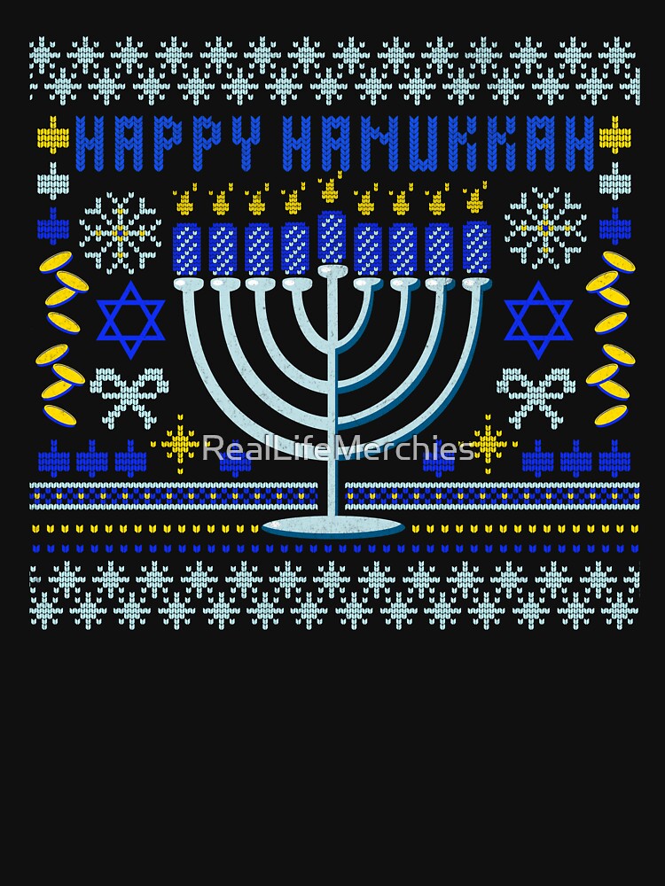 Funny Jewish Shirt Funny Ugly Hanukkah Sweater Design Menorah & Dreidels Holiday Tee by RealLifeMerchies