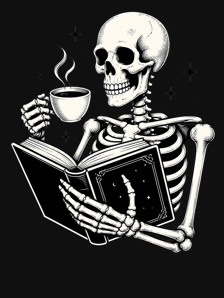 Skeleton Reading a Book, Book Lover, Cozy Aesthetic, Dark Academia Spooky Season Reader by Quiajia