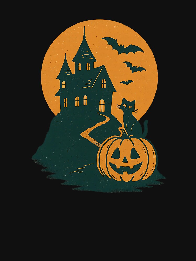Haunted House on the Hill Halloween T-Shirt – Spooky Orange Moon & Black Cat on Pumpkin Graphic Tee by Threaded Canvas