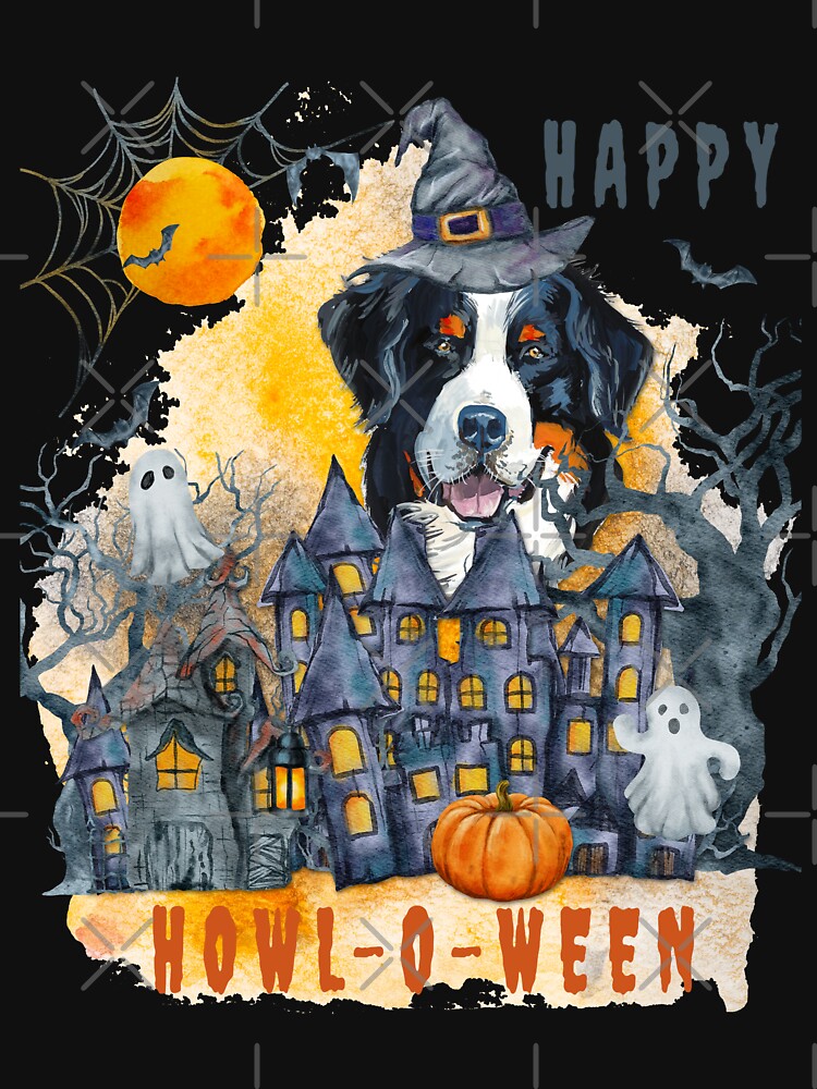 Bernese Mountain Dog Happy Howl-o-ween Ghost Houses Funny Watercolor by Cuddlythopia
