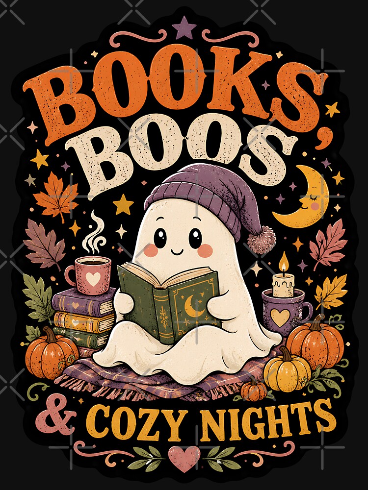Books Boos and Cozy Nights Cute Halloween Ghost by Horizon-Design