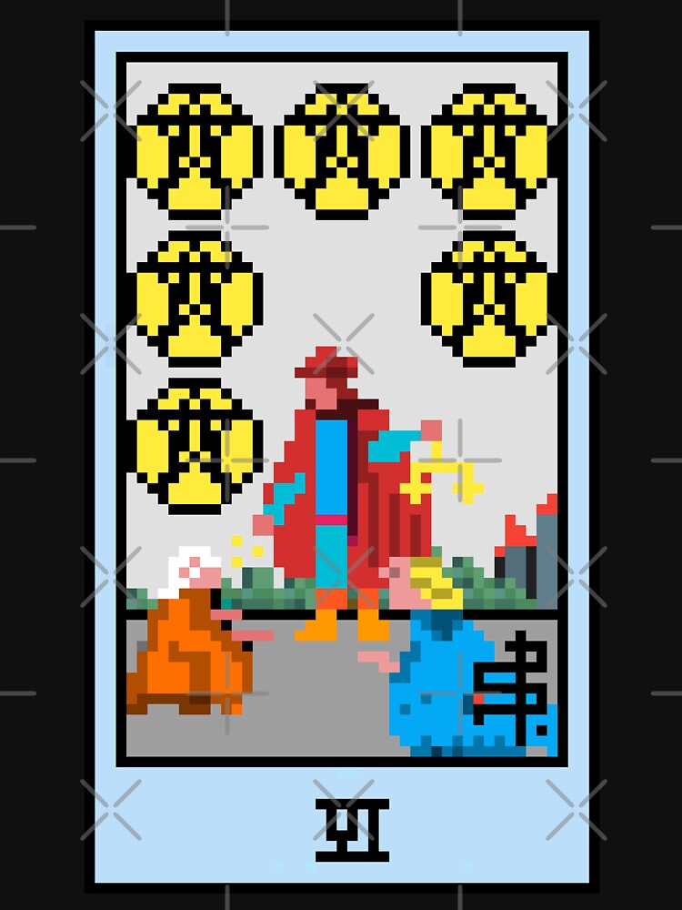 Copy of Wait, is this pixel art tarot? Black - Minor Arcana 'Six of Pentacles' (Design for T-shirt, stickers and other accessories) by Pixel Waite