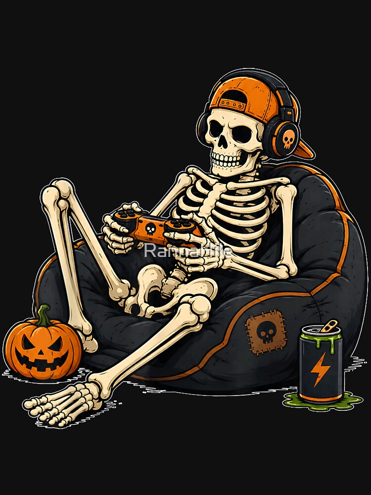 Funny Halloween Skeleton Gamer Video Gaming Mens Boys Kids by RannaHile
