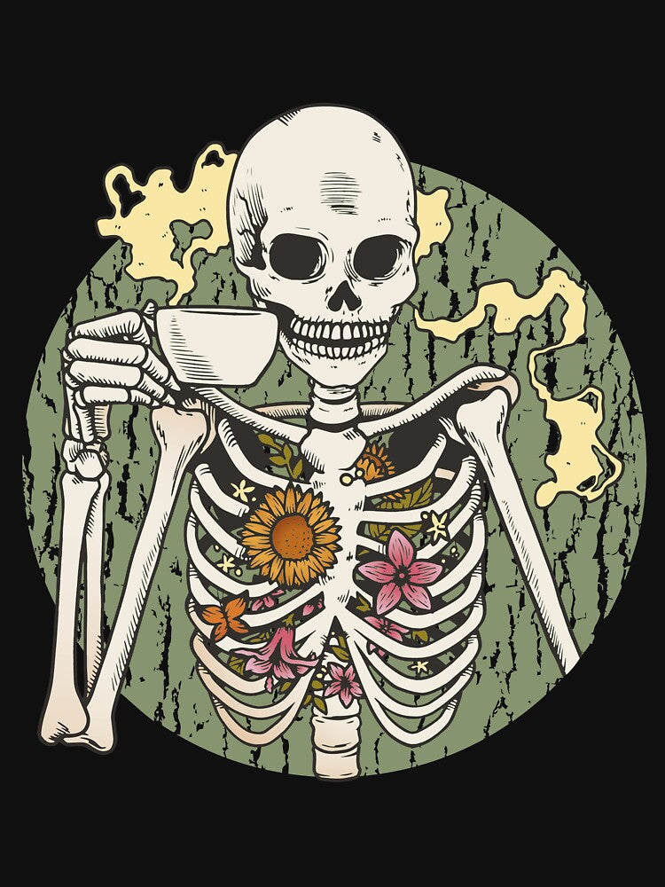 Floral Skeleton Drinking Coffee Vintage Botanical Goth by Hilal-Studio