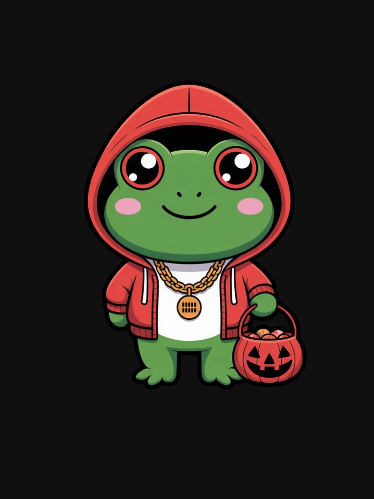 Cute Chibi Frog in Red Hoodie Holding Pumpkin Candy – Hip-Hop Halloween Design by ColorSplash123