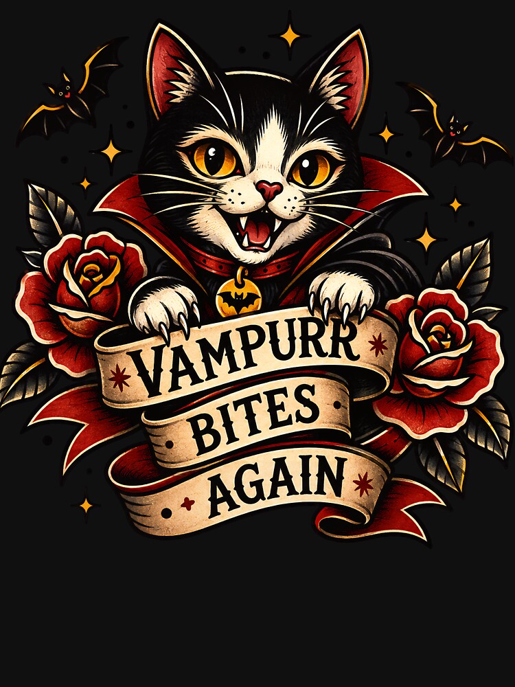 Vampurr Bites Again Funny Cat - Halloween Traditional Tattoo by Crystal-Tree