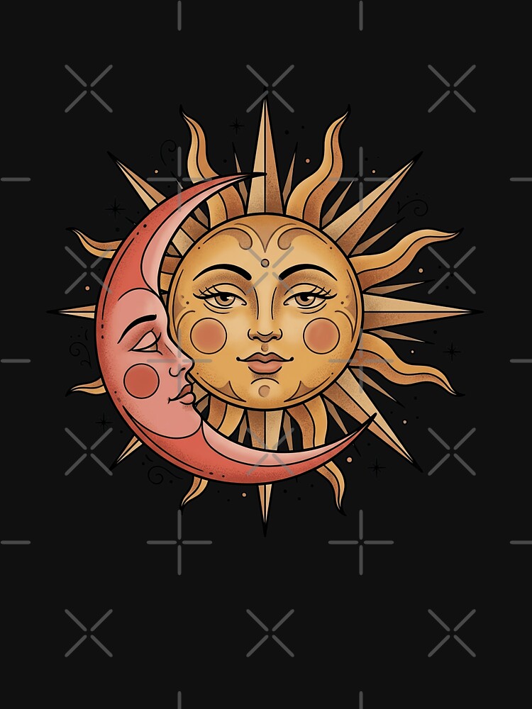 Funny Sun Face Pink Crescent Moon Celestial Stars Art by elderberry