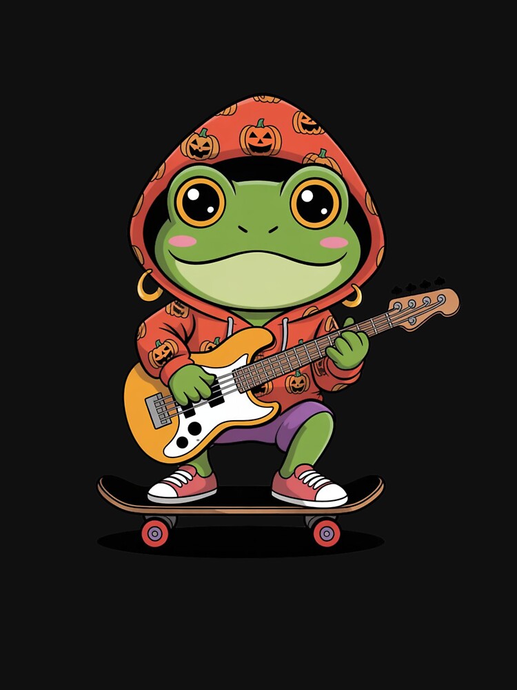 Cute Chibi Frog Halloween – Red Pumpkin Hoodie Bass Guitar Cartoon by ColorSplash123