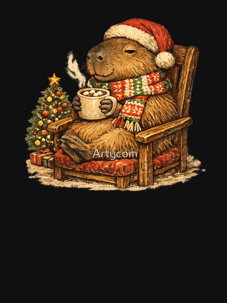 Cozy Capybara Christmas Hot Cocoa Retro 1970s Gift by Artycom
