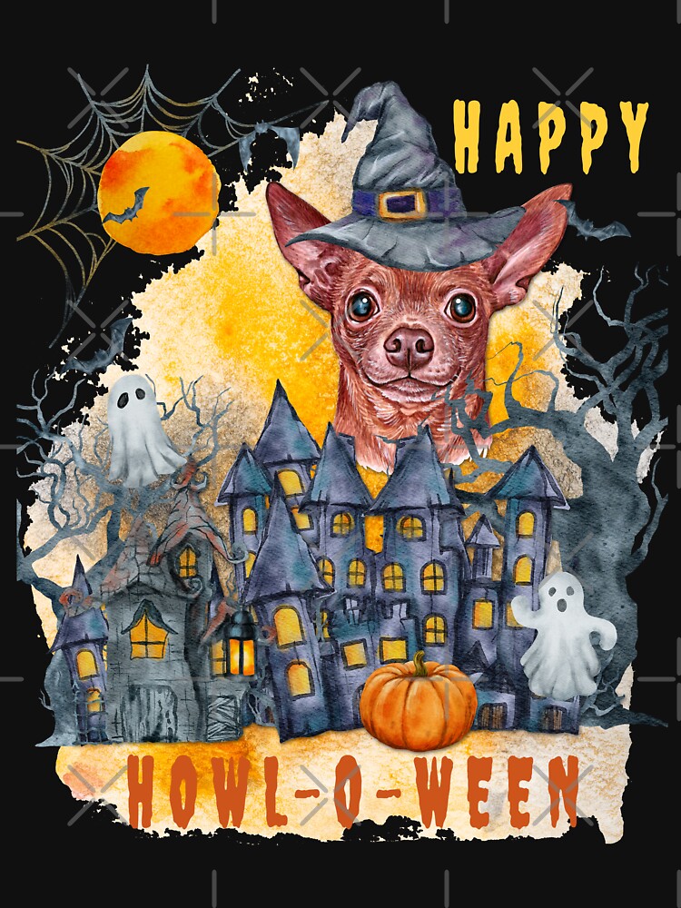 Chihuahua Happy Howl-o-ween Ghost Houses Funny Watercolor by Cuddlythopia