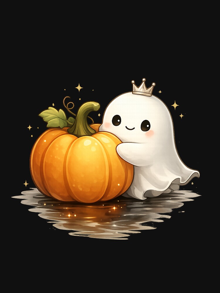 Little Ghost King Hugging a Pumpkin – Cute Halloween Illustration by BlackBoneArt