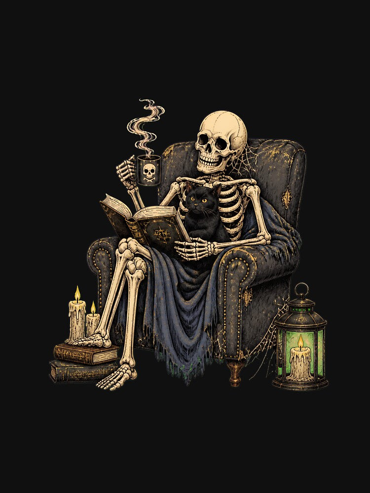 Skeleton Reading Book Cat Coffee Mug Cozy Gothic Halloween by felixpalette