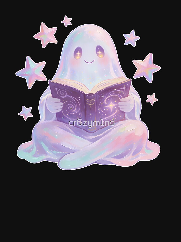Cozy Ghost Reading a Magic Book – Cute Pastel Fantasy Illustration for Book Lovers by cr6zym1nd