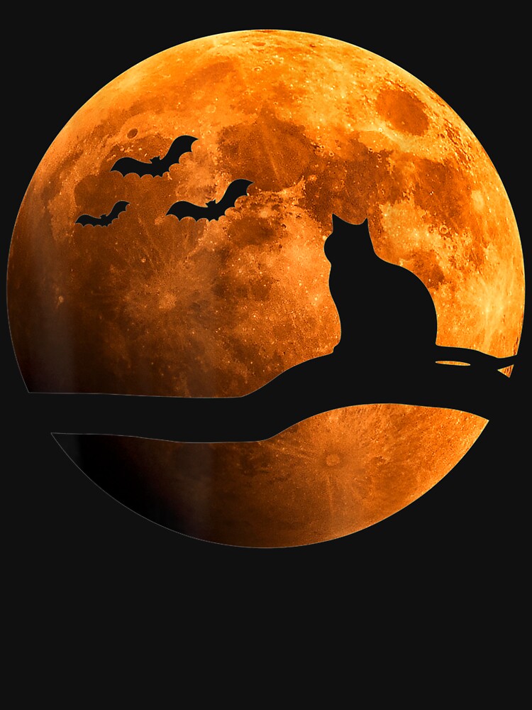 Halloween Black Cat Orange Full Moon and Bats T-Shirt by Bobby-Bancel
