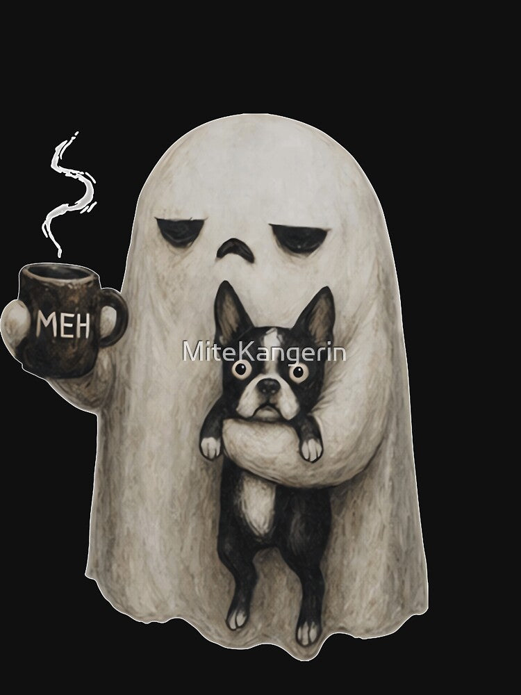 Vintage Funny Meh Boo Ghost Holding Boston Terrier Dog Lover by MiteKangerin