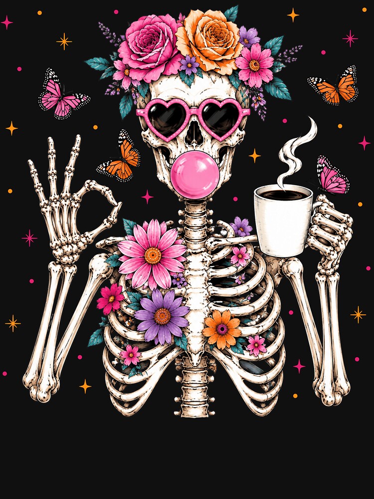 Floral Skeleton Coffee Pink Halloween Retr by varin-studio