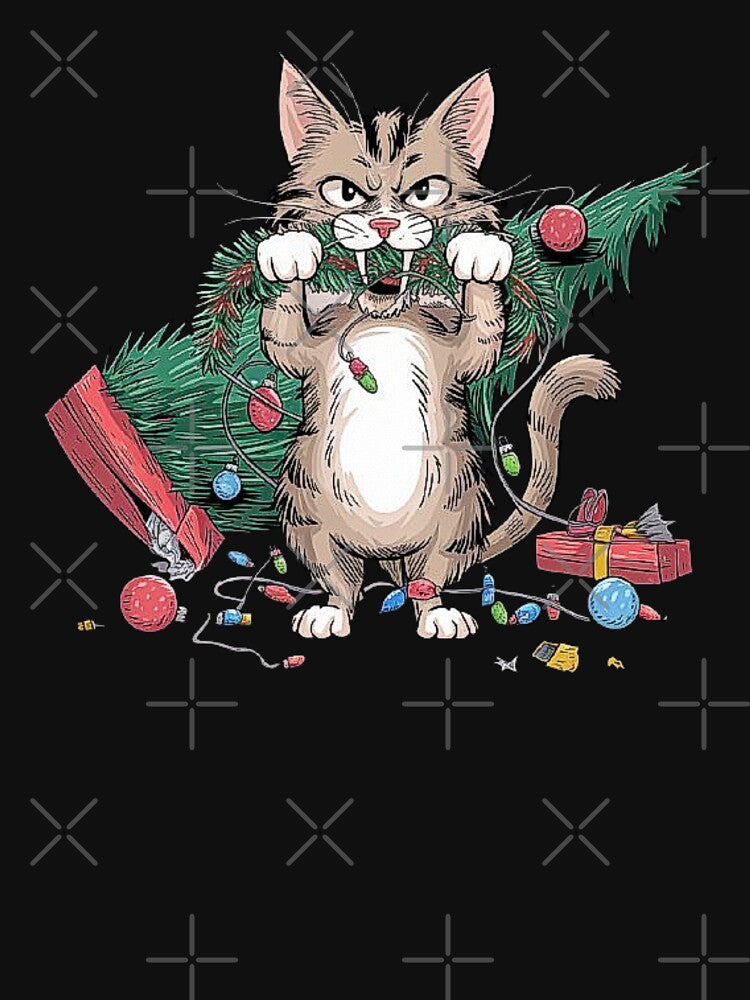 Angry Cat Destroying Christmas Tree Funny Holiday Art by love3617