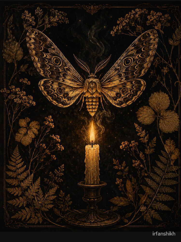 Dark Academia Moth and Candle – Dramatic Atmospheric Vintage Engraving Art | Gothic Aesthetic Gift by irfanshikh