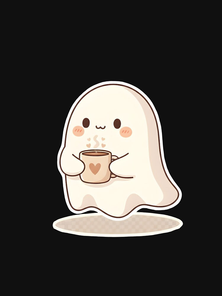 Cute Ghost With Coffee – Cozy Kawaii Ghost Illustration by Biwbiwty