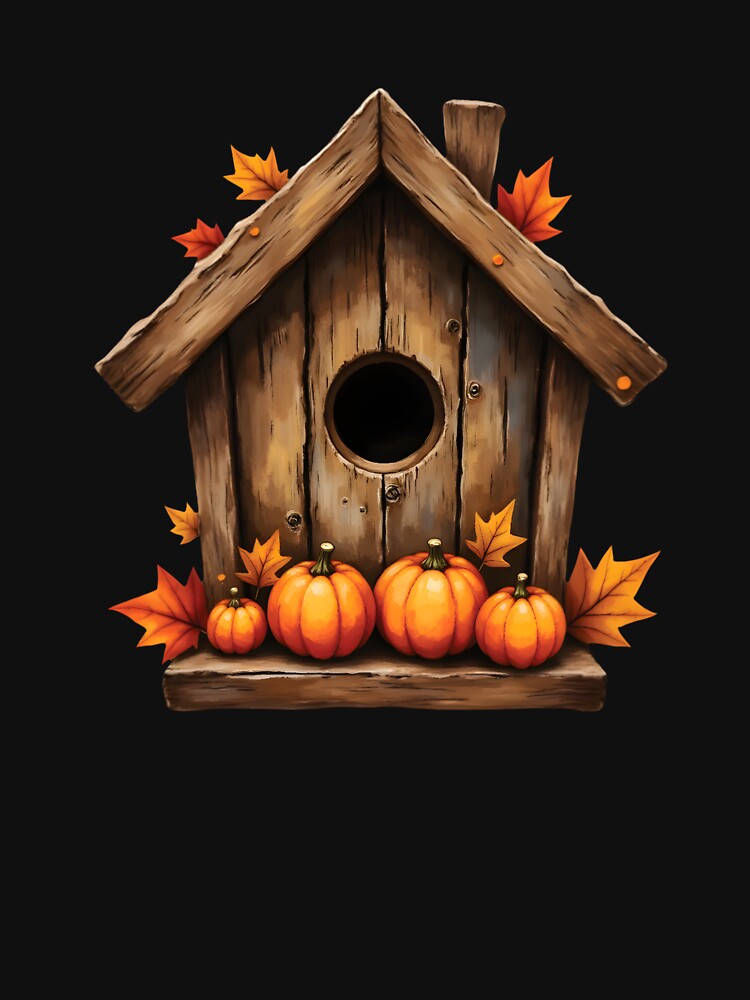 Rustic Birdhouse with Pumpkins – Cozy Autumn Illustration by mybunnyparadise