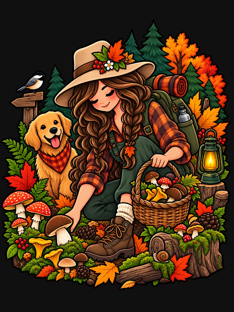 Cozy Fall Mushroom Foraging Hiking Autumn Nature Girl by Tbenghali