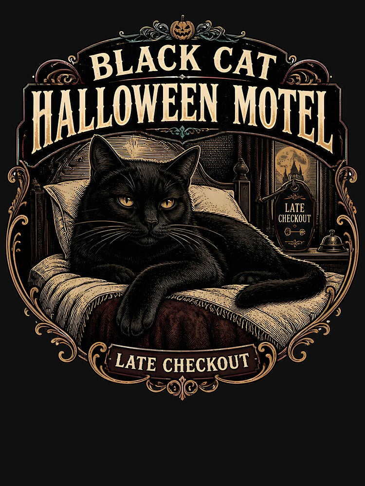 BLACK CAT HALLOWEEN MOTEL Neon Moon Motel Halloween Vintage Screen Print by KristenosNehk
