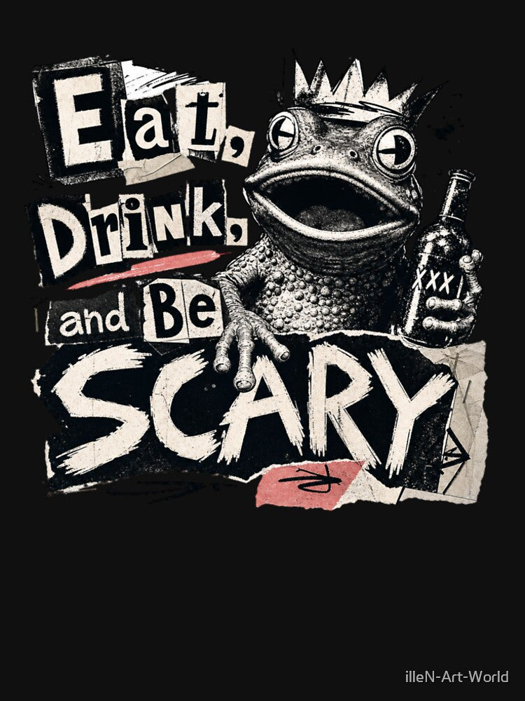 Eat Drink And Be Scary King Frog Vintage Zine T-Shirt | Funny Halloween Beer Toad Crown Grunge Sketch Gift by illeN-Art-World