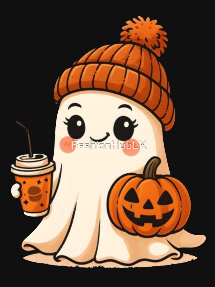 Cute Ghost with Coffee & Pumpkin | Cozy Halloween Autumn Kawaii T-Shirt by FashionHubLK